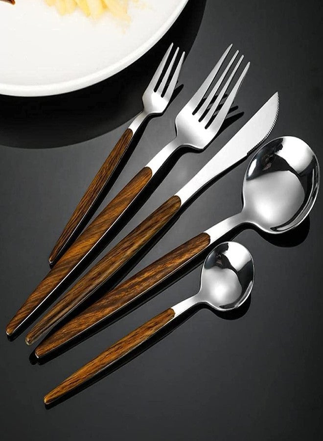 Eletree Wooden Silver Flatware, Royal 5 Piece Matte Wooden Handle1 Stainless Steel Tableware Sets for 1 Including Forks Spoons Knives, Camping Silverware Travel Utensils Set Cutlery (5 Piece, Silver) - Image 1