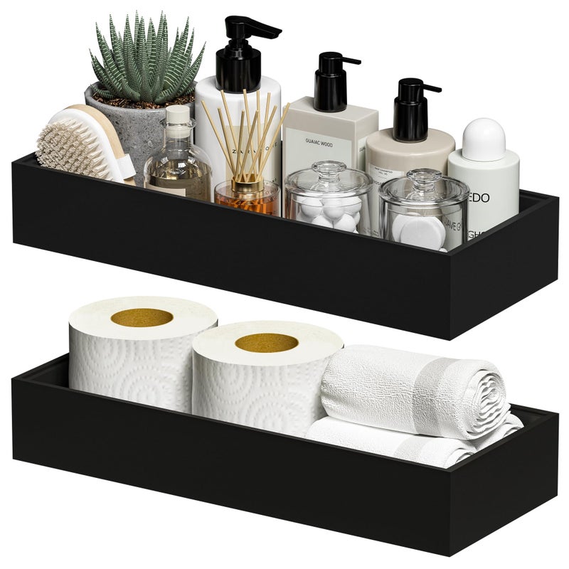 Greatseas Black Toilet Paper Storage, Bamboo Toilet Tank Tray for Bathroom Organizers and Storage, Deep Toilet Tank Basket Topper Stackable Box Wood Vanity Tray for Counter Decor, 15" x 6" x 2.5" - Image 1