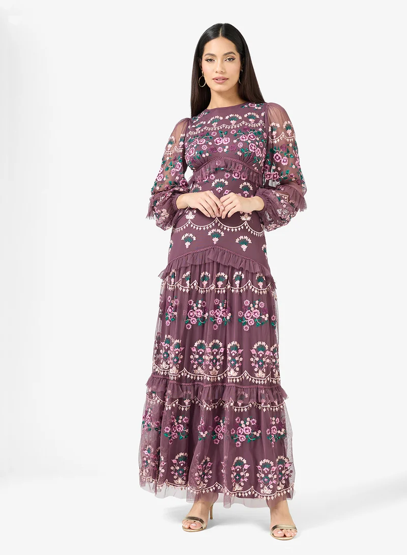 Maya Embroidered Ruffle Detail Maxi Dress