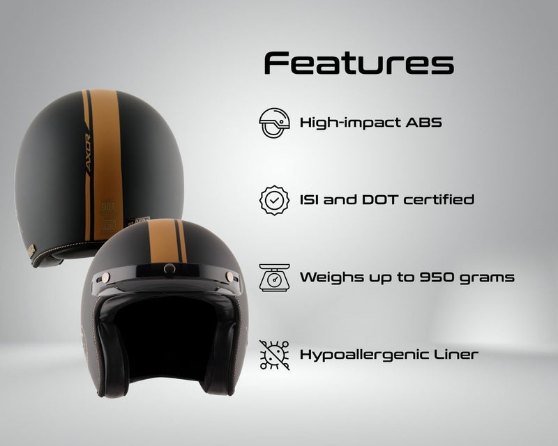 Axor Retro Jet Euro Globe ISI and DOT Certified Matte Finish Open Face Helmet for Men and Women with Stylish Peak- Dull Black -L - Image 4