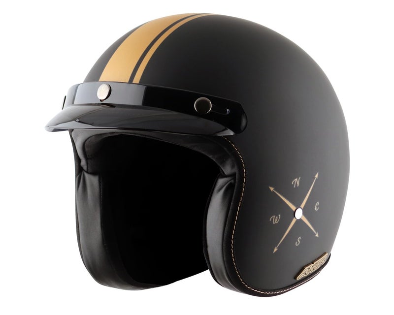 Axor Retro Jet Euro Globe ISI and DOT Certified Matte Finish Open Face Helmet for Men and Women with Stylish Peak- Dull Black -L - Image 1