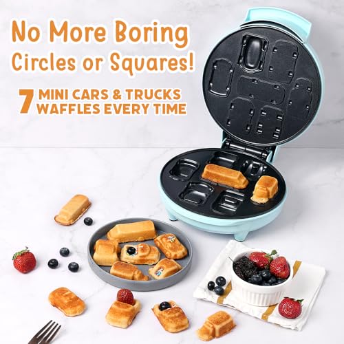 Primalite Cars & Trucks Kids Waffle Maker Machine- 700 Watts - Make 7-Mini Different Race, Police Car, Trucks & Bus Shaped Waffles or Pancakes | Unique Gift Idea | Electric Non-Stick Iron- Mint Green - Image 4