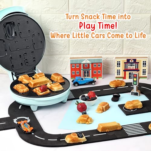 Primalite Cars & Trucks Kids Waffle Maker Machine- 700 Watts - Make 7-Mini Different Race, Police Car, Trucks & Bus Shaped Waffles or Pancakes | Unique Gift Idea | Electric Non-Stick Iron- Mint Green - Image 2
