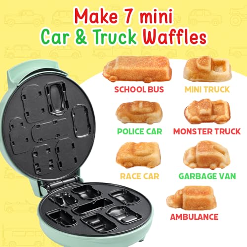 Primalite Cars & Trucks Kids Waffle Maker Machine- 700 Watts - Make 7-Mini Different Race, Police Car, Trucks & Bus Shaped Waffles or Pancakes | Unique Gift Idea | Electric Non-Stick Iron- Mint Green - Image 3