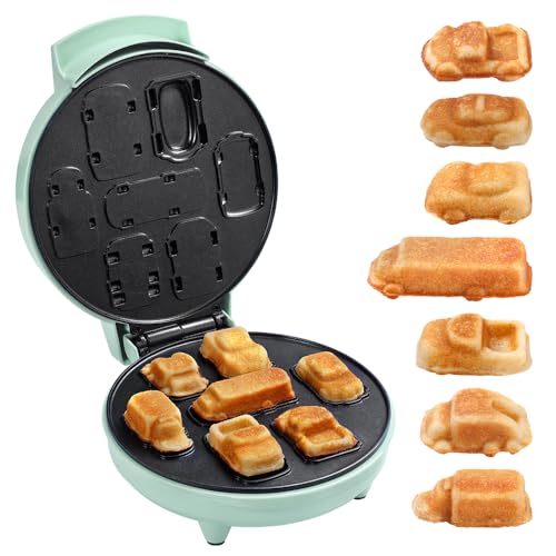 Primalite Cars & Trucks Kids Waffle Maker Machine- 700 Watts - Make 7-Mini Different Race, Police Car, Trucks & Bus Shaped Waffles or Pancakes | Unique Gift Idea | Electric Non-Stick Iron- Mint Green - Image 1