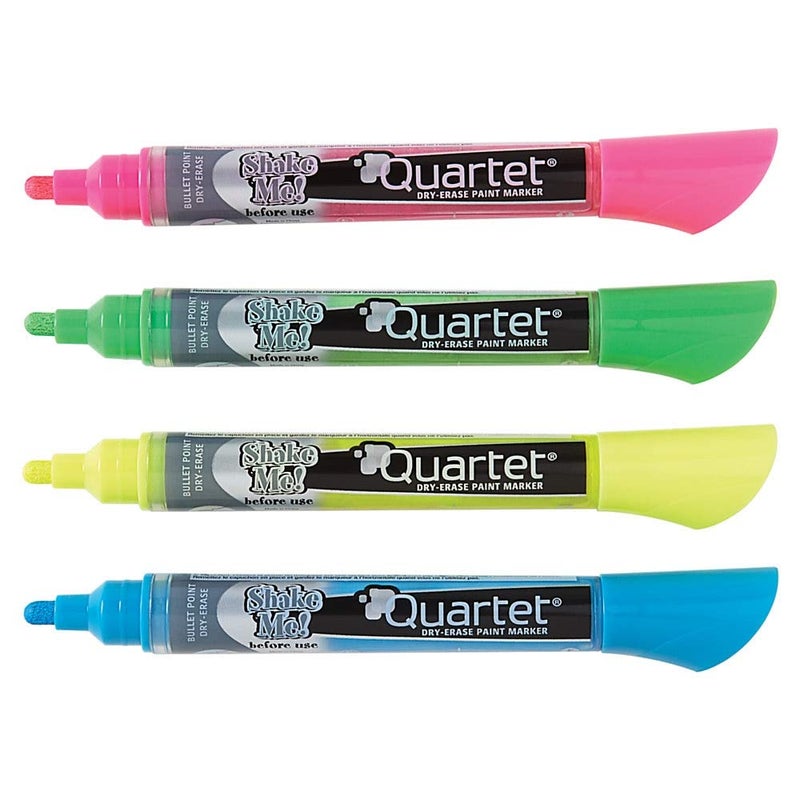 Quartet أقلام ماركر جافة رباعية، أقلام سبورة زجاجية، طرف دائري، أقلام جافة للسبورة للمعلمين، التعليم المنزلي ومستلزمات المكتب، ألوان نيون متنوعة، عبوة 4 (79551) - Image 1