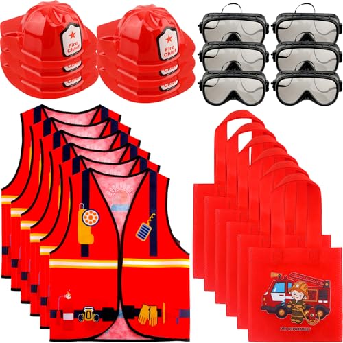Flotory 24 Pcs Kids Fireman Costumes Set Include 6 Firefighter Vests 6 Fireman Hats 6 Tote Bag 6 Goggles for Boys Girls Birthday Cosplay Halloween Party Favors - Image 1