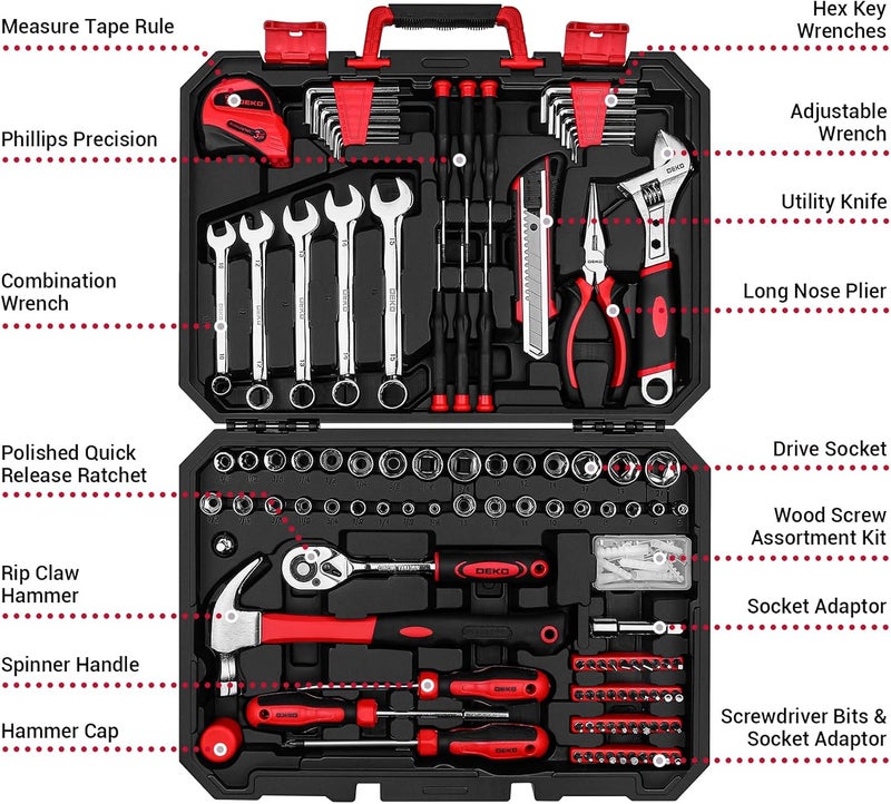 DEKOPRO Tool Set:158 Piece Home Tool Kit, Household Basic Repair Tool Set Comes with Plastic Storage Case-Red - Image 2