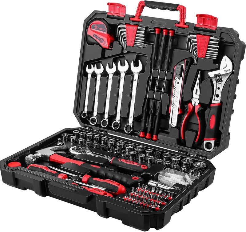 DEKOPRO Tool Set:158 Piece Home Tool Kit, Household Basic Repair Tool Set Comes with Plastic Storage Case-Red - Image 1