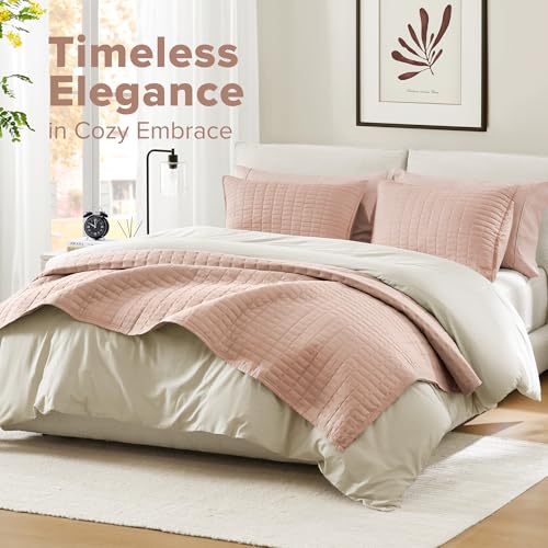 Comfort Spaces Kienna Quilt Set- Double Sided Stitching Design Summer Blanket, Lightweight, Soft, All Season Bedding Layer, Matching Sham, Blush, Coverlet Full/Queen(90"x90") 3 Piece - Image 2