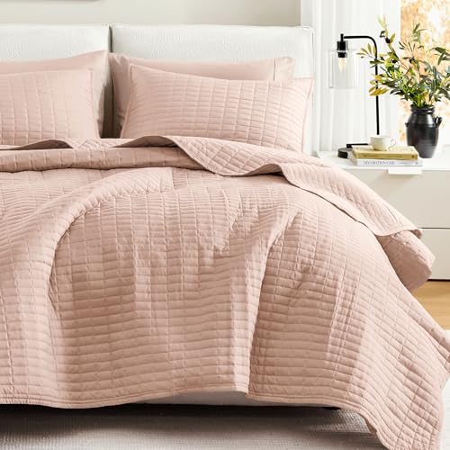 Comfort Spaces Kienna Quilt Set- Double Sided Stitching Design Summer Blanket, Lightweight, Soft, All Season Bedding Layer, Matching Sham, Blush, Coverlet Full/Queen(90"x90") 3 Piece - Image 1