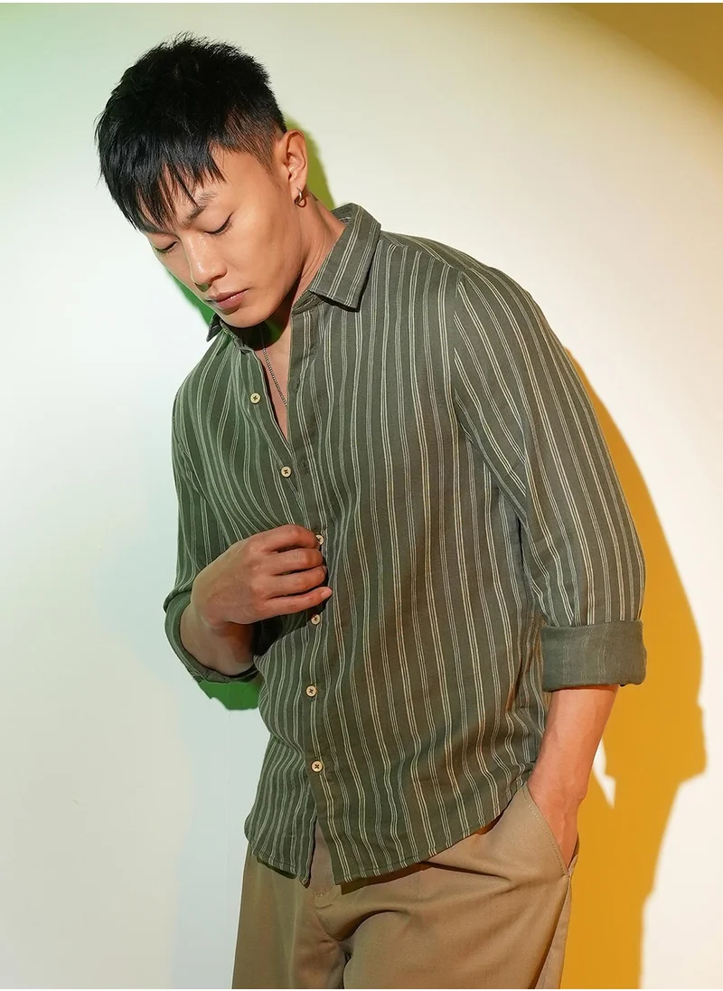 Campus Sutra Men's Moss Green Halo Striped Shirt
