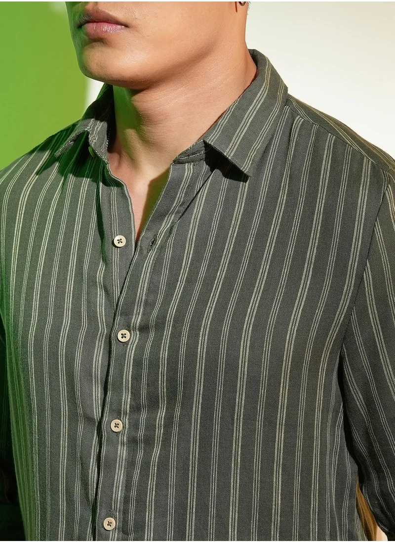 Campus Sutra Men's Moss Green Halo Striped Shirt