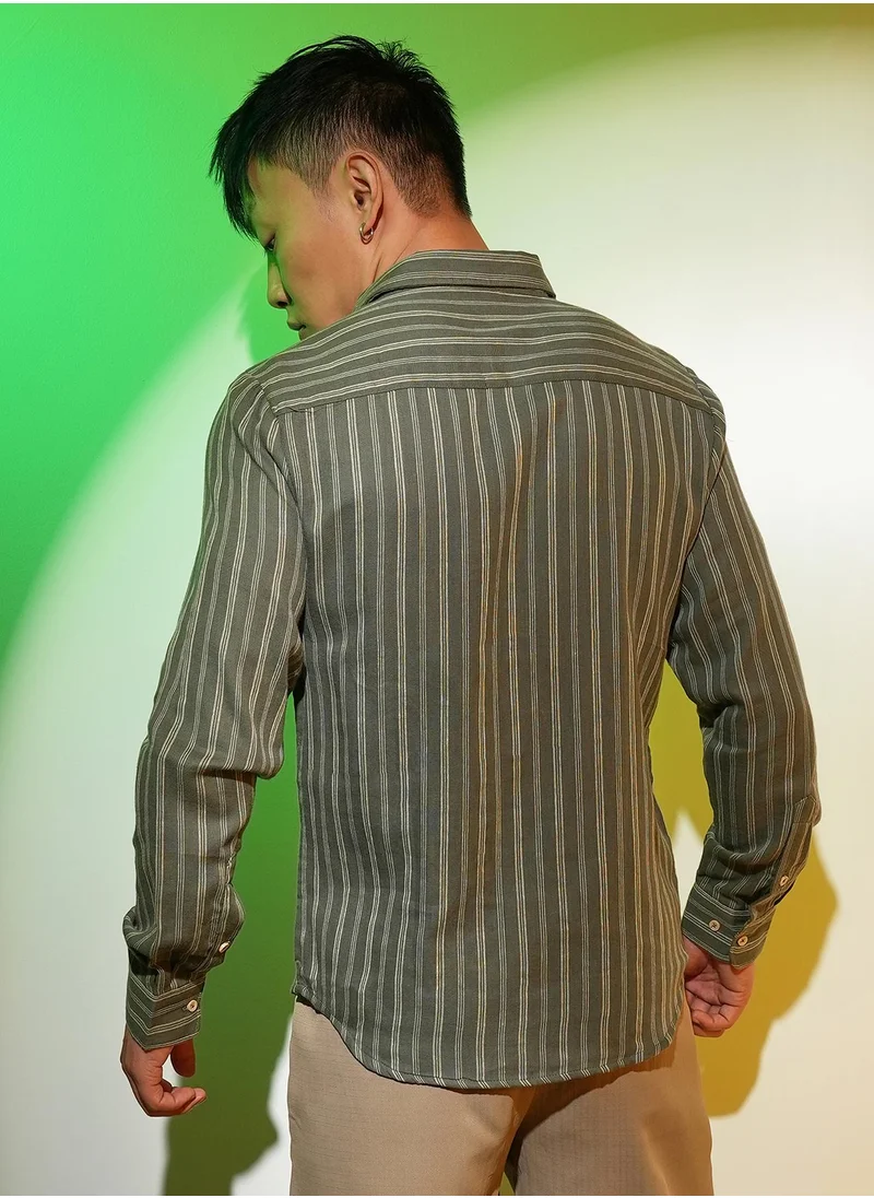 Campus Sutra Men's Moss Green Halo Striped Shirt