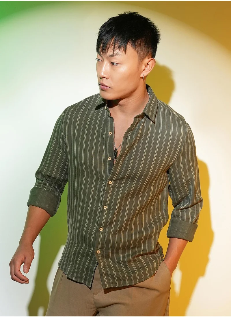 Campus Sutra Men's Moss Green Halo Striped Shirt