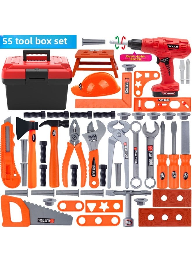 Children's Electric Toolbox Toy Set Boy Simulation Repair Chainsaw Baby Repair Screwdriver Play House-Color:55-piece Tool Set (including Electric Drill + Cap + Tool Box) - Image 1