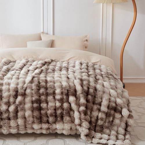 COOVA Faux Fur Throw Blanket for Couch, Cozy Soft and Fuzzy Plush Rabbit Fur Bubble Blanket for Sofa Bedroom Living Room, 60x80 Inches Tie Dye Brown - Image 2