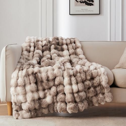 COOVA Faux Fur Throw Blanket for Couch, Cozy Soft and Fuzzy Plush Rabbit Fur Bubble Blanket for Sofa Bedroom Living Room, 60x80 Inches Tie Dye Brown - Image 1