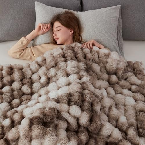 COOVA Faux Fur Throw Blanket for Couch, Cozy Soft and Fuzzy Plush Rabbit Fur Bubble Blanket for Sofa Bedroom Living Room, 60x80 Inches Tie Dye Brown - Image 3