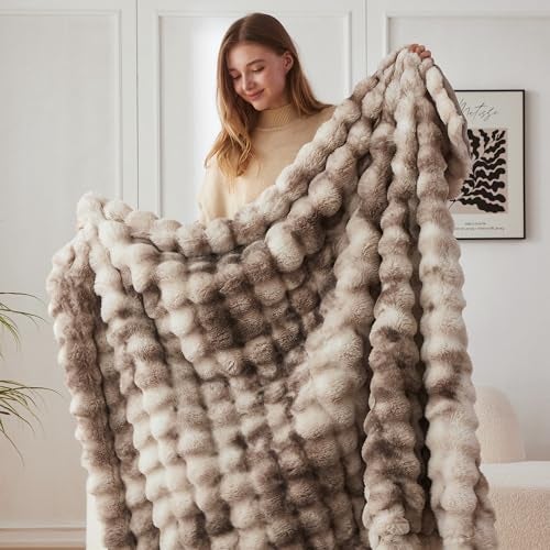 COOVA Faux Fur Throw Blanket for Couch, Cozy Soft and Fuzzy Plush Rabbit Fur Bubble Blanket for Sofa Bedroom Living Room, 60x80 Inches Tie Dye Brown - Image 4