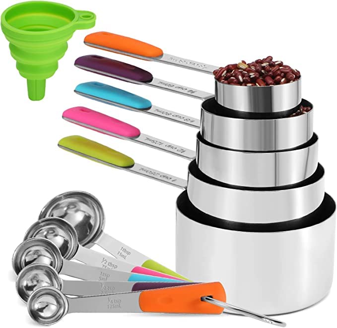 Bopei Measuring Cups and Spoons Set Stainless Steel 11 Piece for Cooking and Baking Kitchen Funnel - Image 1