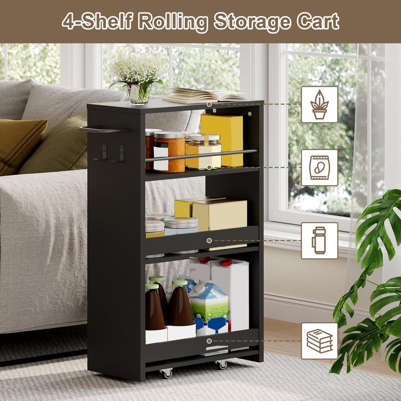 ChooChoo 4-Tier Slim Storage Cart with Handle, 7.87" W Rolling Utility Cart on Universal Wheels, Kitchen Cart Mobile Shelving Organization for Laundry Room, Bathroom & Narrow Places, Black - Image 5