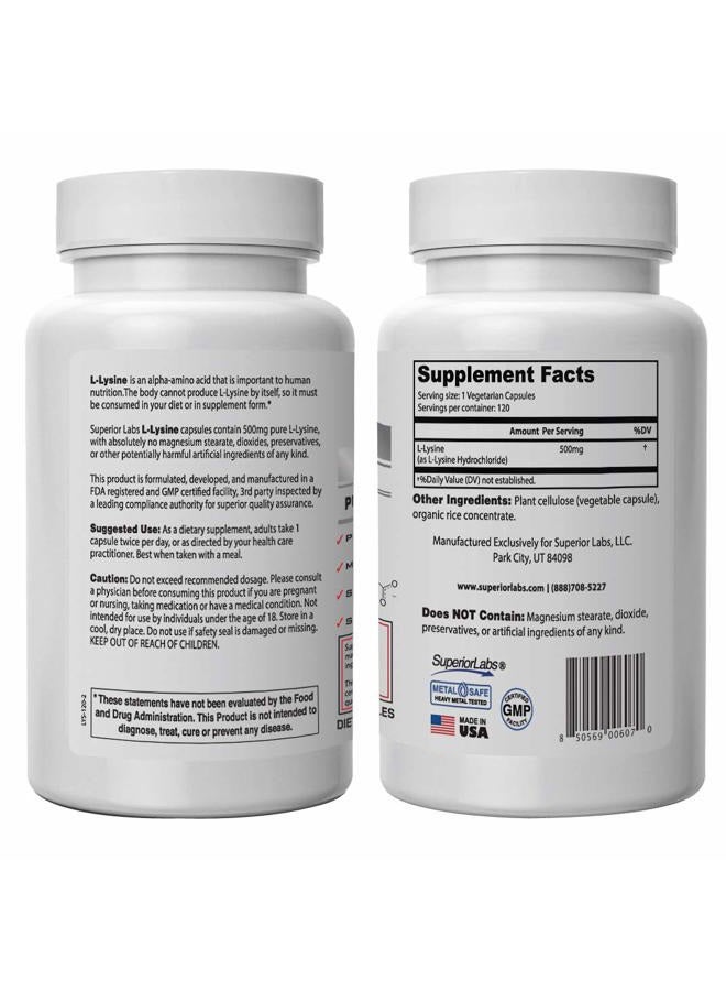 Superior Labs – Best L-Lysine NonGMO - Dietary Supplement –500 mg Pure Active L-Lysine – 120 Vegetable Capsules – Supports Calcium Absorption – Immune System & Respiratory Health Support - Image 2