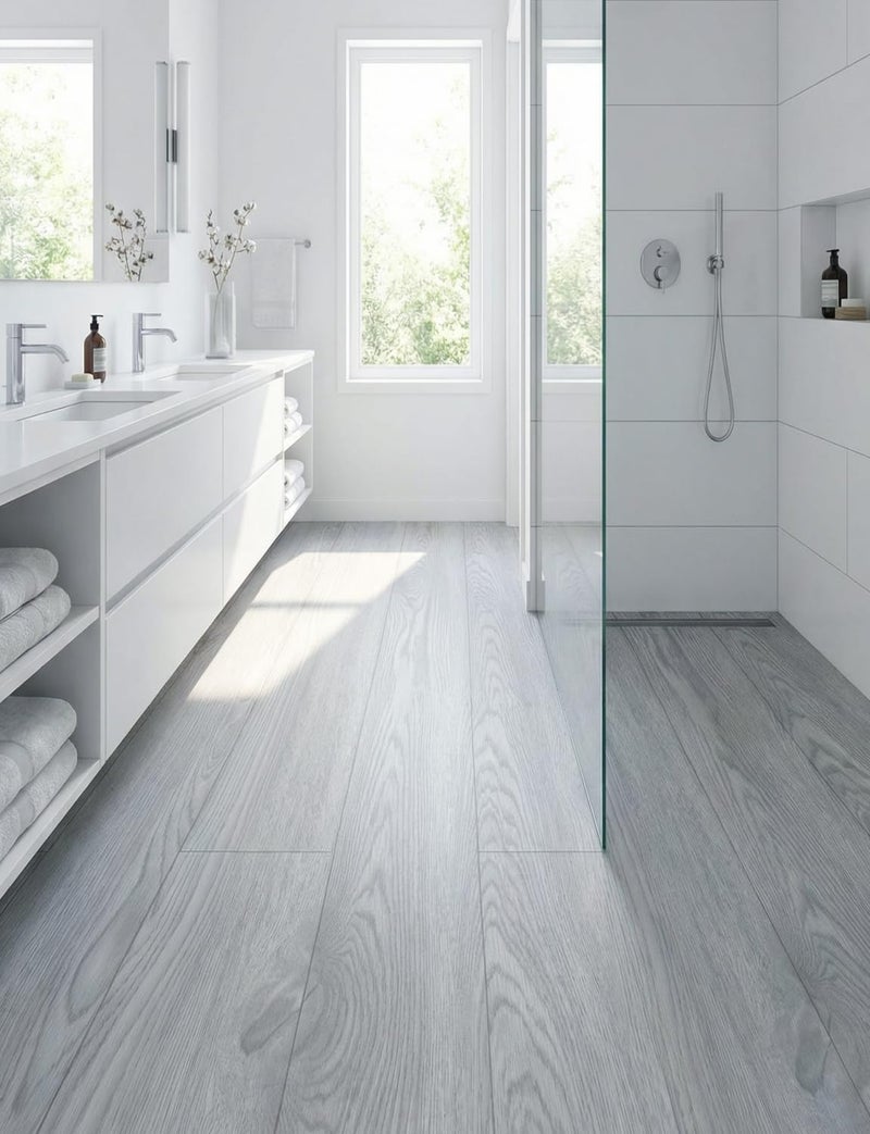 FOGZUVR 2 Rolls 15.7''x10FT Peel and Stick Vinyl Flooring Roll FOGZUVR: 25.73 Sq.ft Self-Adhesive Wood Grain Peel and Stick Floor Tiles Waterproof for Living Room, Bedroom, Bathroom & Kitchen(Paleish Greyâ€Œ) - Image 5
