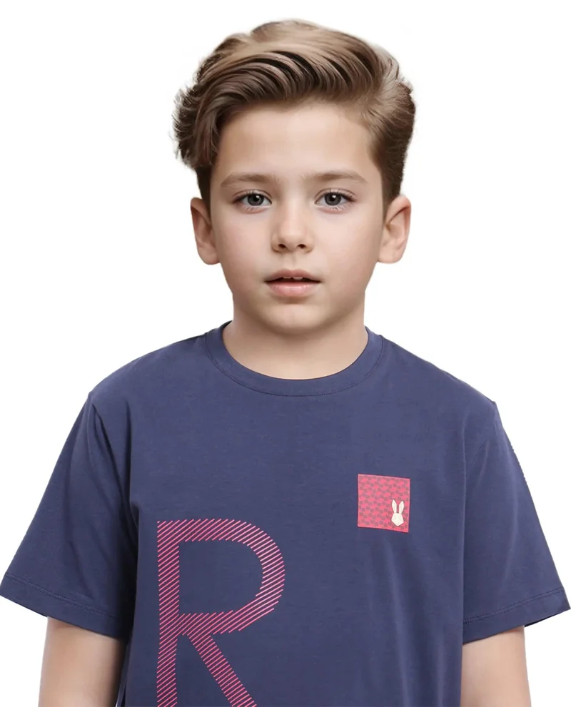 Rare Ones Rare Ones Kids Arie Navy Cotton Short Sleeve Crew Neck Transfer Print With Twill Texture T-Shirt