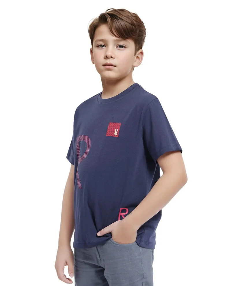 Rare Ones Rare Ones Kids Arie Navy Cotton Short Sleeve Crew Neck Transfer Print With Twill Texture T-Shirt