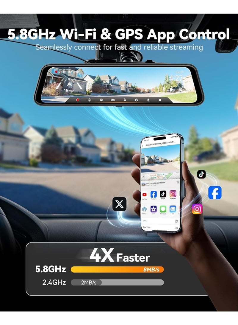 WOLFBOX G850 PRO 4K Rear View Mirror Dash Cam for Car Front and Rear with GPS, ADAS, BSD, 12" Touchscreen, 5.8GHz WiFi, Voice Control, G-Sensor, Loop Recording, 64GB Card Included - Image 4