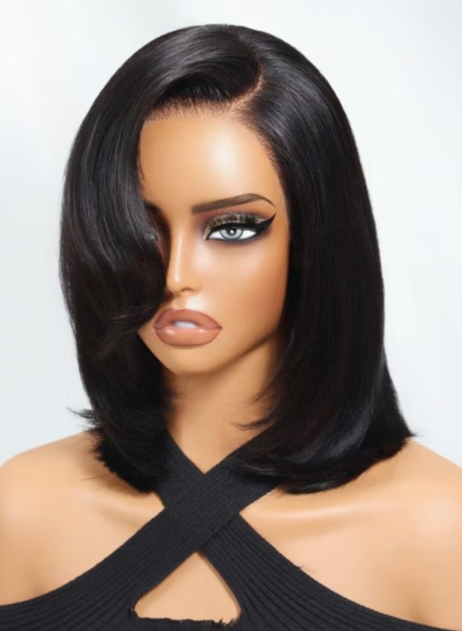 UNICE 7x5 Lace Closure Human Hair Wig Short Layered Bob with Side Swept Bangs Glueless Wig Pre Plucked Pre Cut Bleached Knots Bye Bye Knots Ready to Wear Wig for Women 12inch - Image 1
