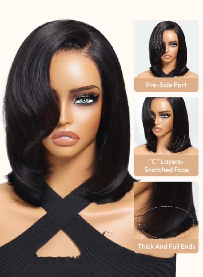 UNICE 7x5 Lace Closure Human Hair Wig Short Layered Bob with Side Swept Bangs Glueless Wig Pre Plucked Pre Cut Bleached Knots Bye Bye Knots Ready to Wear Wig for Women 12inch - Image 2