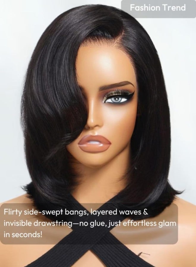 UNICE 7x5 Lace Closure Human Hair Wig Short Layered Bob with Side Swept Bangs Glueless Wig Pre Plucked Pre Cut Bleached Knots Bye Bye Knots Ready to Wear Wig for Women 12inch - Image 3