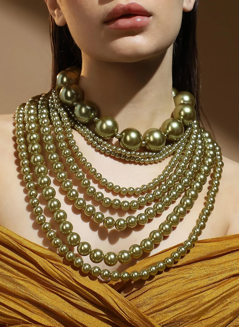 SOHI SOHI Women's The Antoinette Multi-Layer Necklace For Party Wear | Olive Green Colour | Acrylic Material | Lobster Clasp Closure | Artificial Bead Necklace | Multi-Layer Necklace For Women & Girls