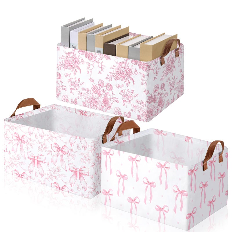 Boao Foldable Storage Baskets Dinosaur Easter Rabbit Classical Flowers Bow Laundry Basket with Handles Waterproof Storage Bins Fabric Shelf Baskets15 x 11 x 8 InchesPink Bow3 Pcs - Image 2