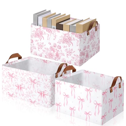 Boao Foldable Storage Baskets Dinosaur Easter Rabbit Classical Flowers Bow Laundry Basket with Handles Waterproof Storage Bins Fabric Shelf Baskets15 x 11 x 8 InchesPink Bow3 Pcs - Image 1