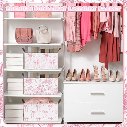 Boao Foldable Storage Baskets Dinosaur Easter Rabbit Classical Flowers Bow Laundry Basket with Handles Waterproof Storage Bins Fabric Shelf Baskets15 x 11 x 8 InchesPink Bow3 Pcs - Image 3