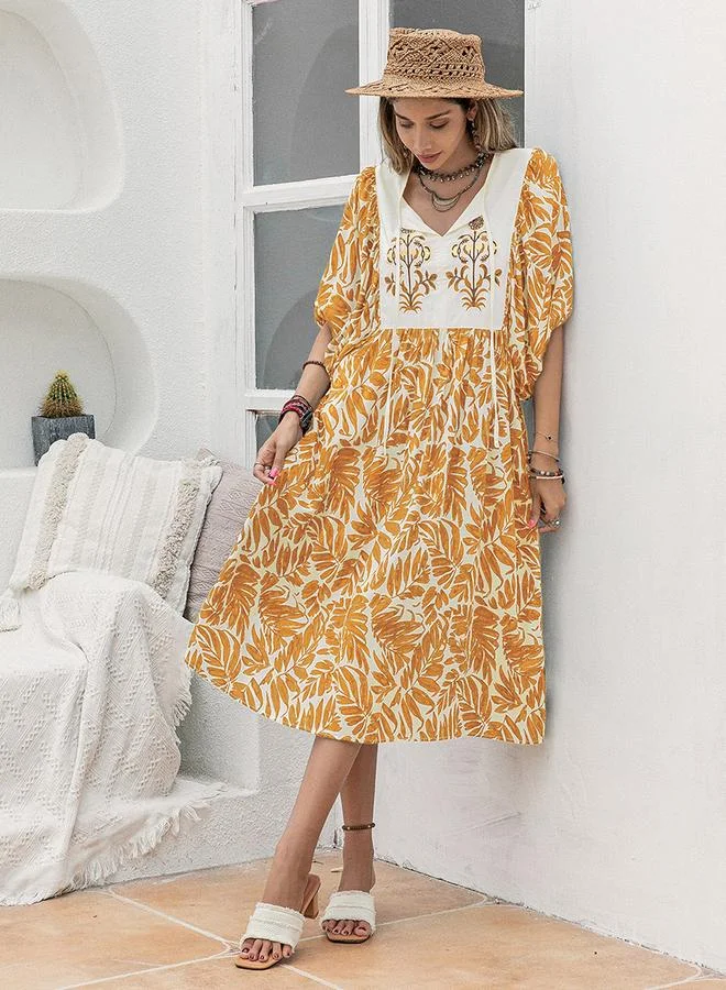تايك تو Women's Floral Printed Puff Sleeve Patchwork Detail Midi Dress