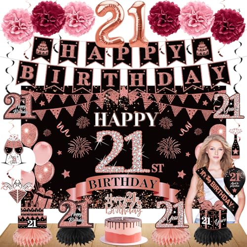 Eucutur 42PCS 21st Birthday Decorations Kit for Girls Women Rose Gold Happy 21st Bday Banner Balloon Honeycomb Centerpiece Swirl Paper Pompom Party Supplies 21 Bday Sash Table Cake Topper Swirls Set - Image 1