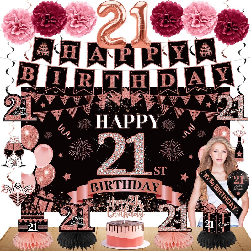Eucutur 42PCS 21st Birthday Decorations Kit for Girls Women Rose Gold Happy 21st Bday Banner Balloon Honeycomb Centerpiece Swirl Paper Pompom Party Supplies 21 Bday Sash Table Cake Topper Swirls Set - Image 2