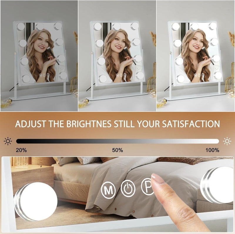 FENCHILIN Vanity Mirror with Lights Hollywood Lighted Makeup Mirror with 9 LED Bulbs, 3Colors Dimable Light Detachable 10X Magnification(White) - Image 2