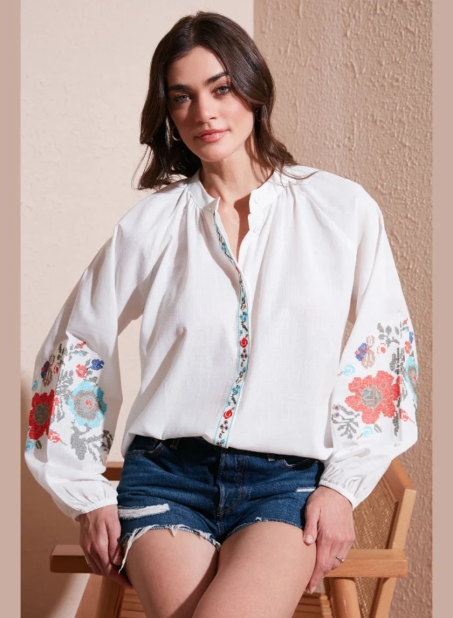Lela Lela Embroidered Cotton Regular Fit Balloon Sleeve Summer Shirt Women's SHIRT 611BZ0173