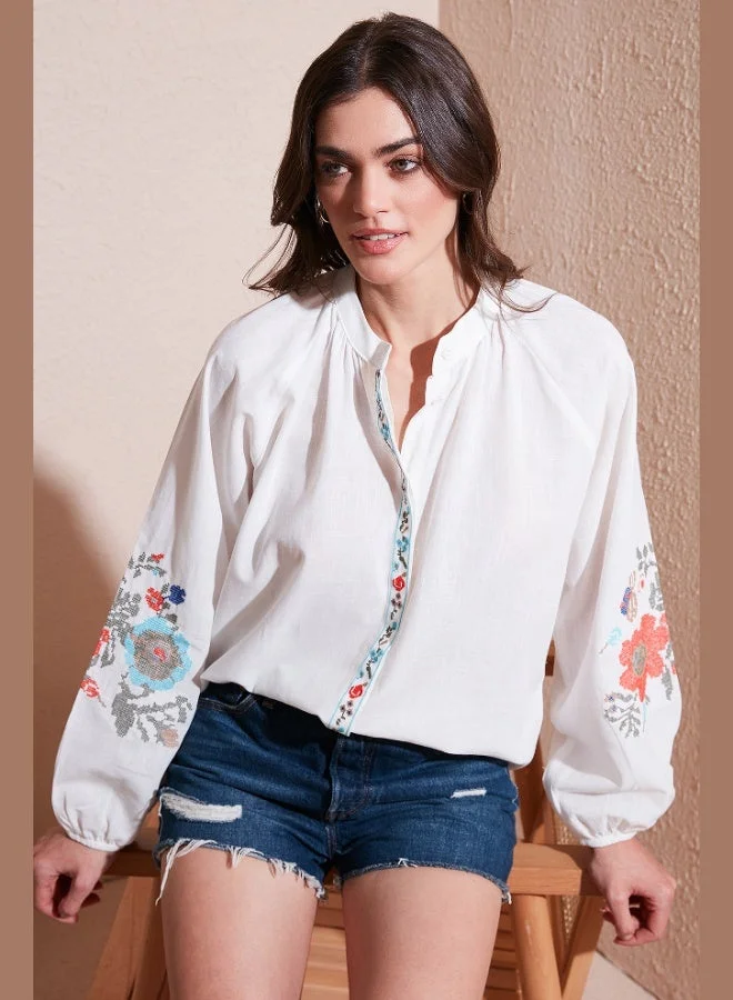 Lela Lela Embroidered Cotton Regular Fit Balloon Sleeve Summer Shirt Women's SHIRT 611BZ0173