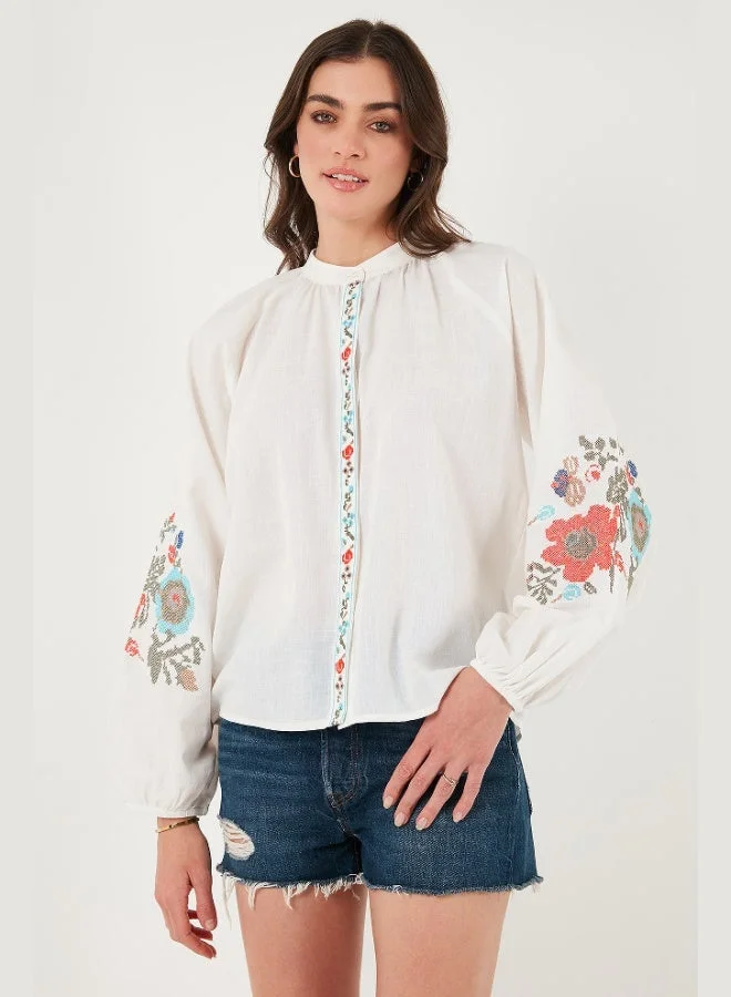 Lela Lela Embroidered Cotton Regular Fit Balloon Sleeve Summer Shirt Women's SHIRT 611BZ0173