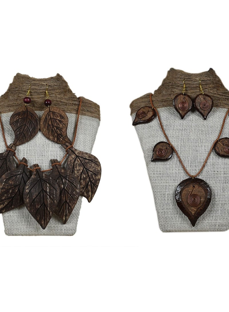 N & H N&H Handmade Coconut Wood Leaves with Paan Design Combo Necklace with Matching Earrings, Combo Pack of 2  - Image 1