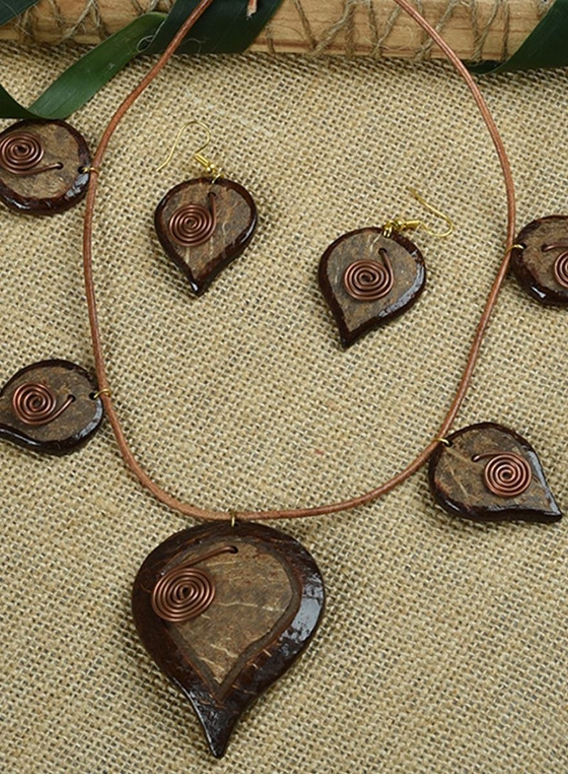 N & H N&H Handmade Coconut Wood Leaves with Paan Design Combo Necklace with Matching Earrings, Combo Pack of 2  - Image 5