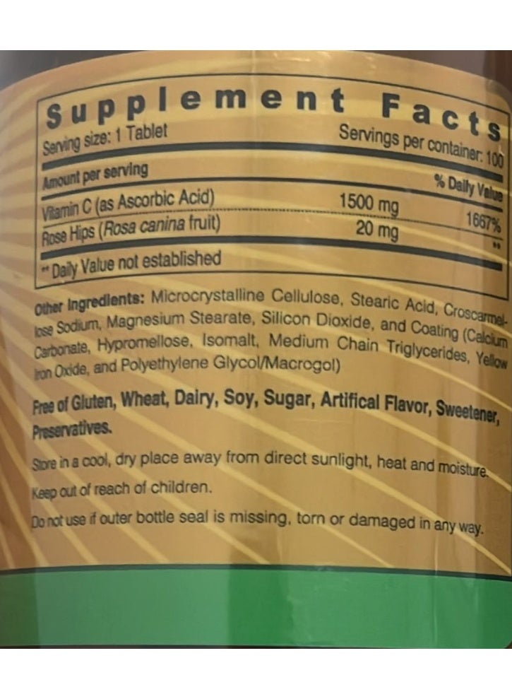 سنشاين نيوترشن مكمل غذائي بفيتامين سي مع ثمار الورد، 1500 ملغ (100 قرص) - Image 4