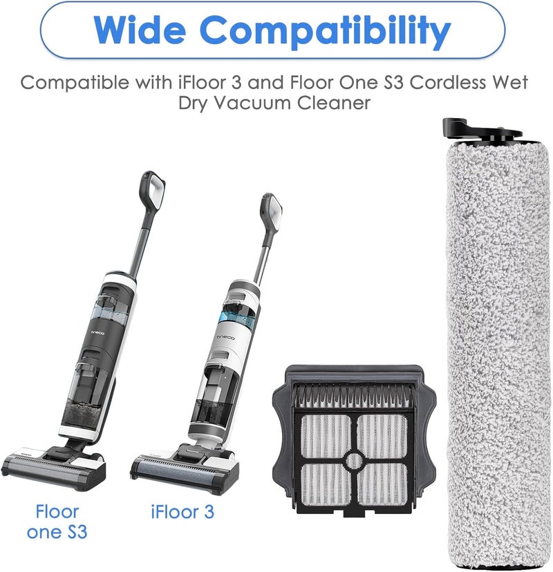 (7 قطع) بكرات فرشاة بديلة ومرشحات HEPA متوافقة مع مكنسة Tineco Floor One S3/ iFloor 3 الكهربائية اللاسلكية للتنظيف الرطب والجاف، طقم قطع غيار وملحقات، 3 بكرات فرشاة، 4 مرشحات HEPA - Image 5