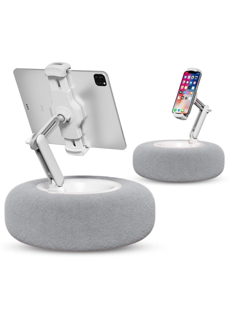 XiuWoo Tablet Stand Round Pillow, Compatible with 4.7-13 inch Phone/Tablet, iPad, iPhone, Samsung,Kindle, 360°Adjustable Phone Holder with Soft Plush Fabric ,with Small Storage Bowl, Removable Suction Base for Stability, Idea for Kindle Reading and Video Watching On Bed,Grey  - Image 1